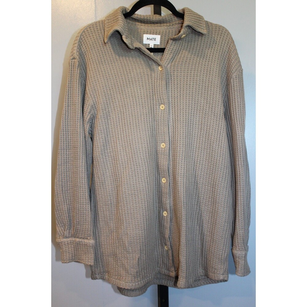 MATE THE LABEL Women’s Organic Waffle Button Up Long Sleeve Shirt BRK Brown - Picture 1 of 8